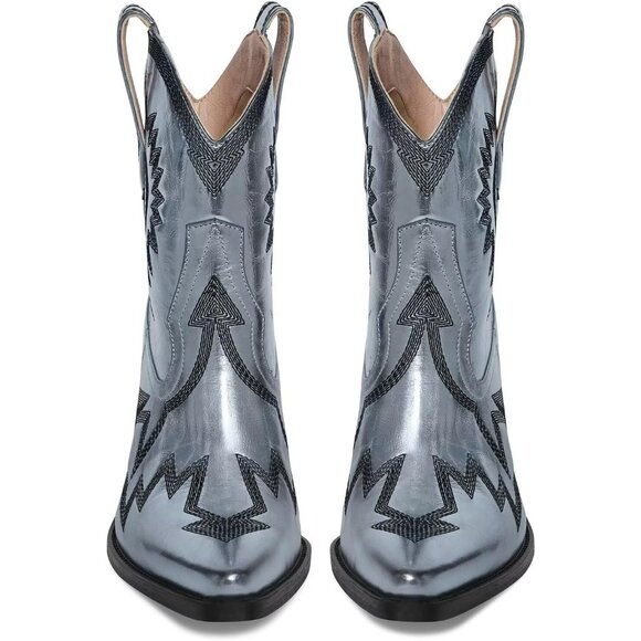 Women's Metallic Embroidered Pointed Toe Cowgirl Boots Chunky Heel Pull-On Blue - Picture 3 of 6